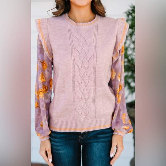 Fate Lilac Cable Knit Sweater with Floral Sleeves Size L - Picture 1 of 10